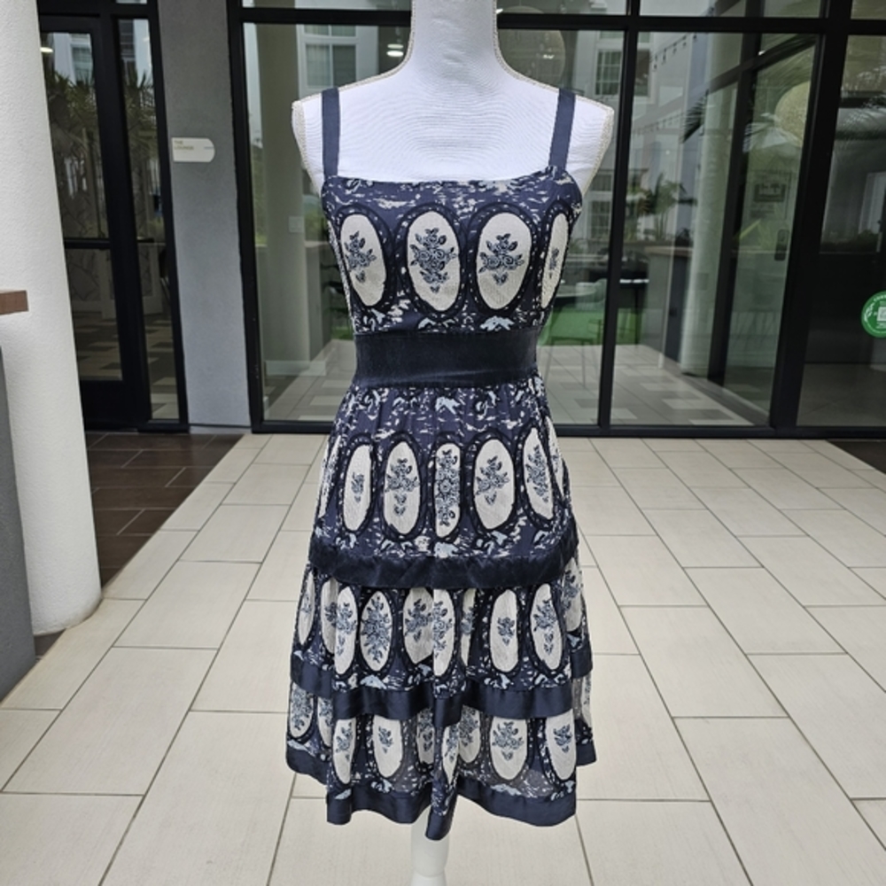 🆑️ CACHAREL VINTAGE DRESS | Tiered Floral Silk Lined Blue Cocktail 2